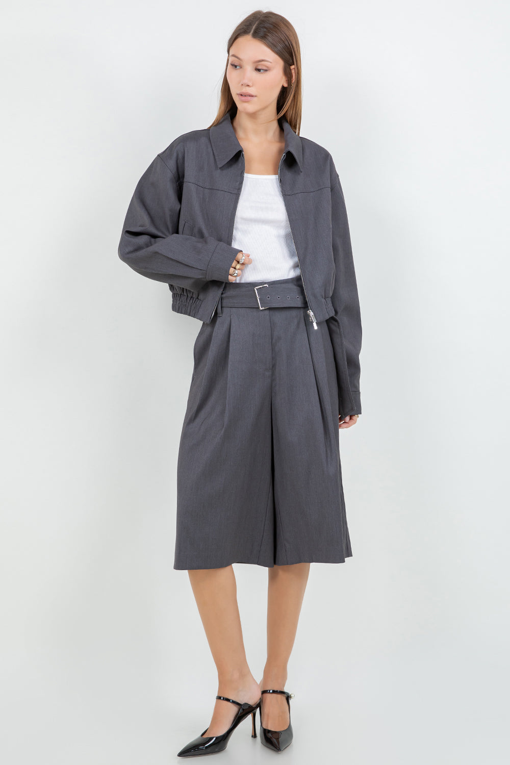 STRUCTURED WOVEN BOMBER ZIP UP JACKET - CHARCOAL