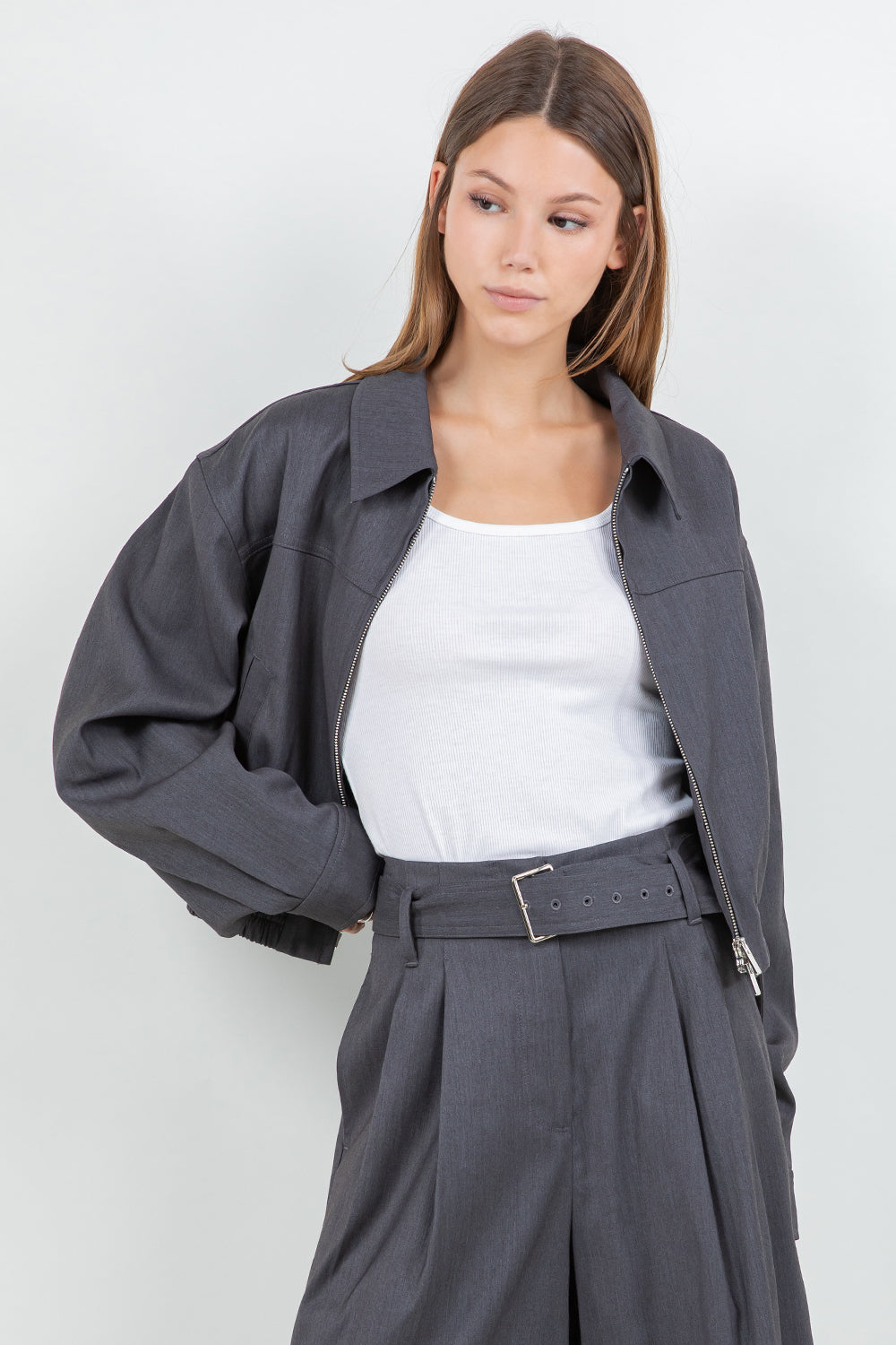 STRUCTURED WOVEN BOMBER ZIP UP JACKET - CHARCOAL