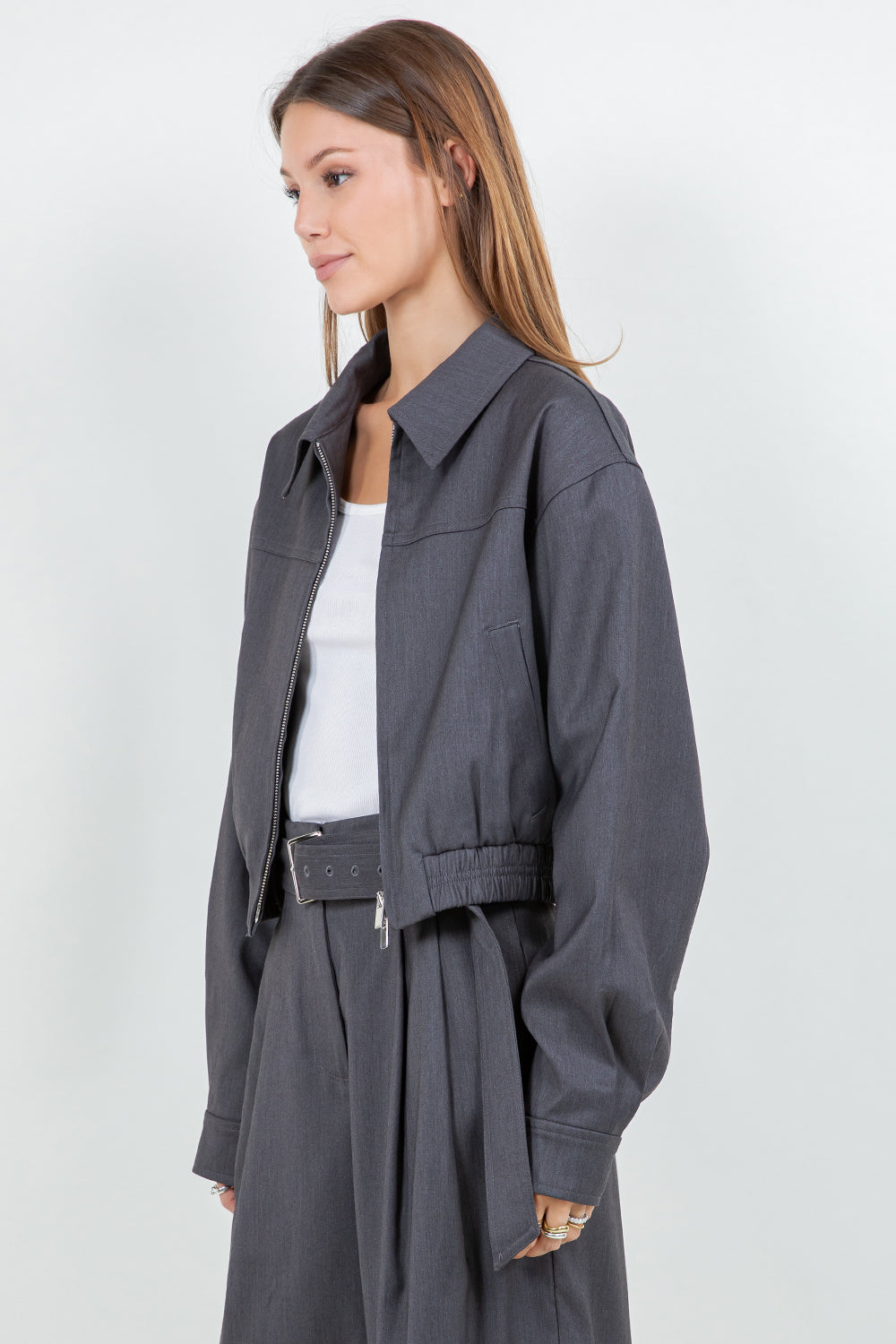STRUCTURED WOVEN BOMBER ZIP UP JACKET - CHARCOAL