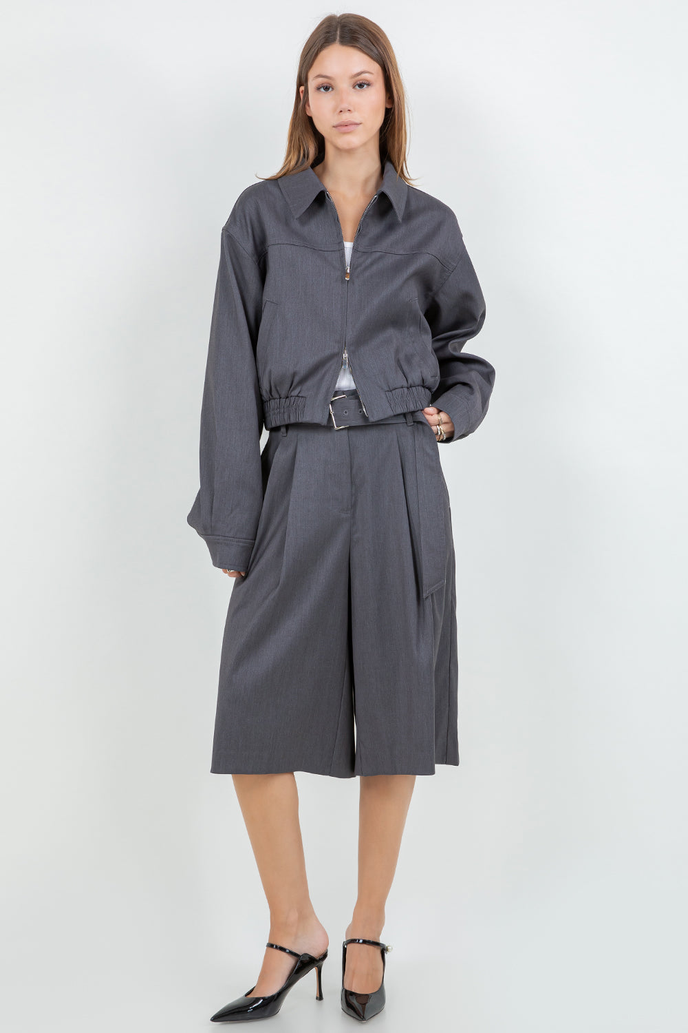 STRUCTURED WOVEN BOMBER ZIP UP JACKET - CHARCOAL