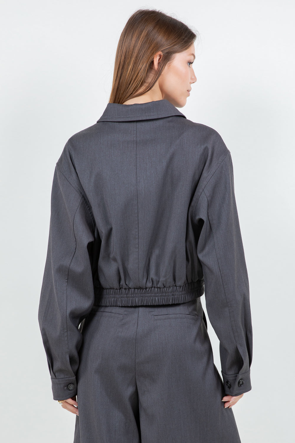 STRUCTURED WOVEN BOMBER ZIP UP JACKET - CHARCOAL