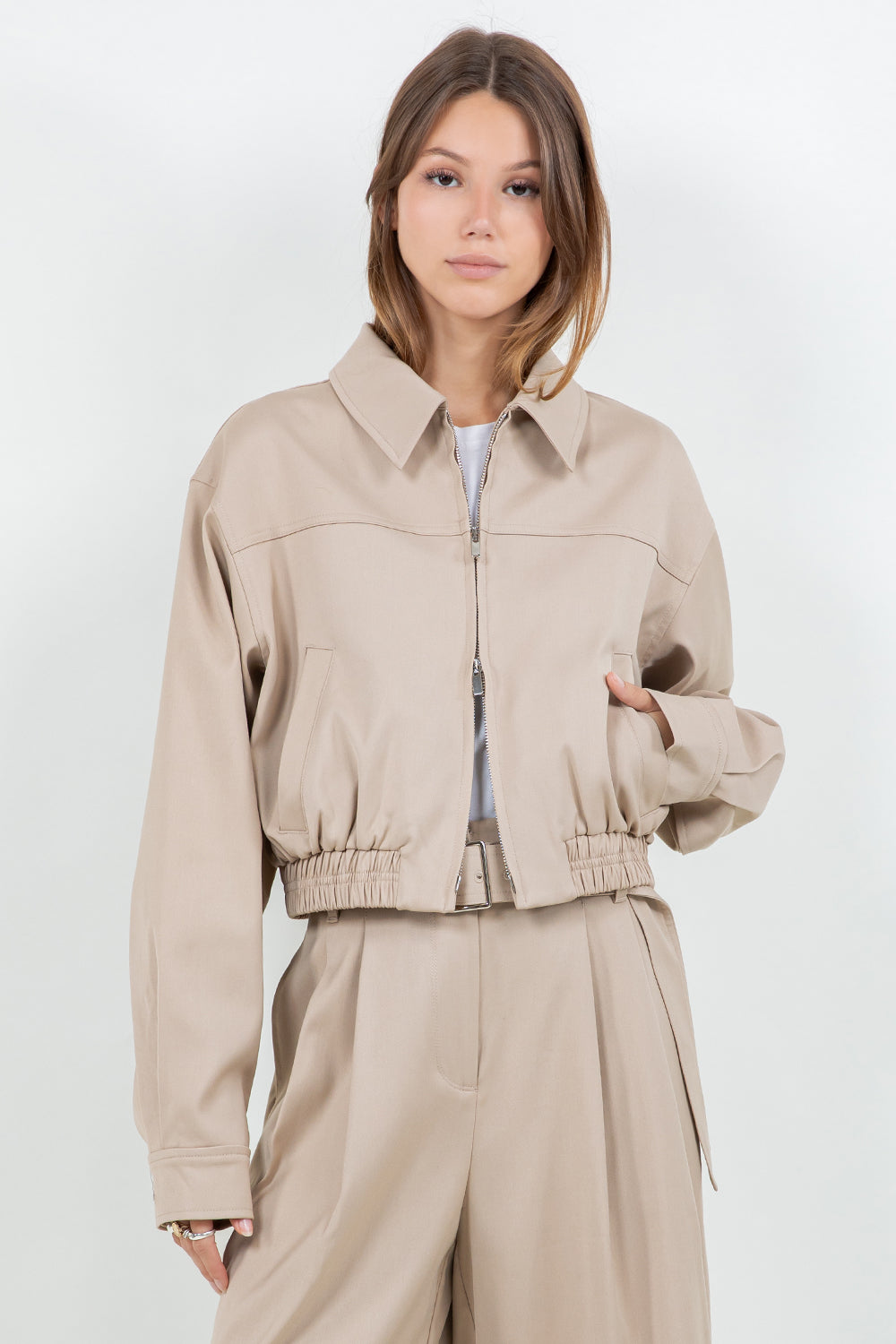 STRUCTURED WOVEN BOMBER ZIP UP JACKET - TAN