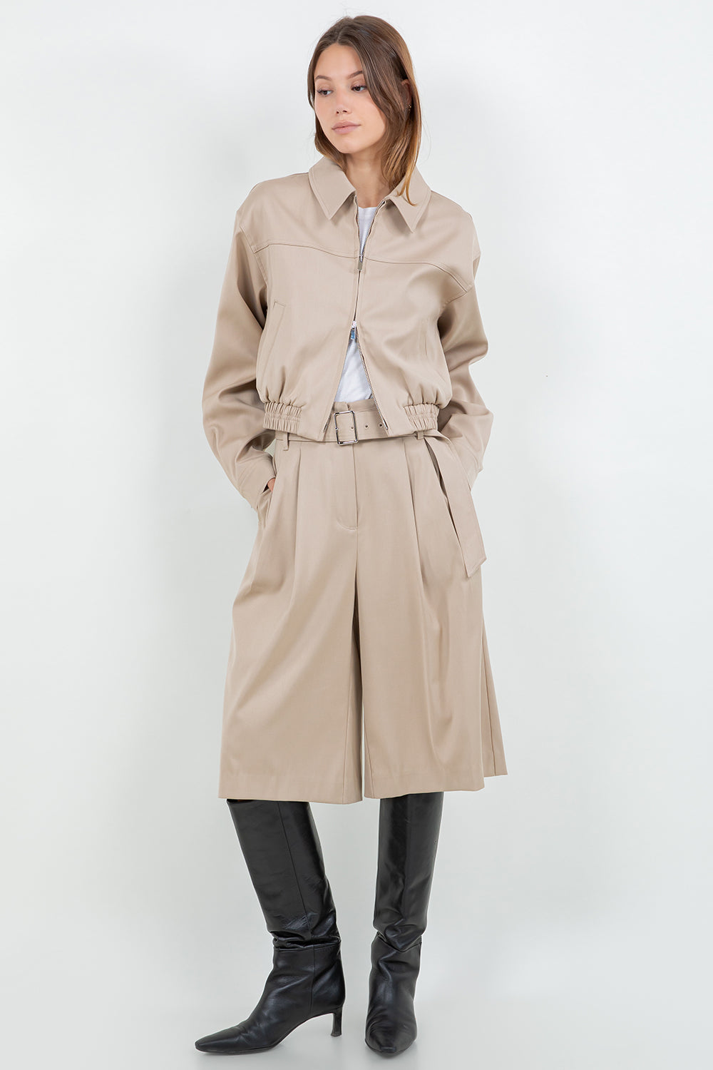 STRUCTURED WOVEN BOMBER ZIP UP JACKET - TAN