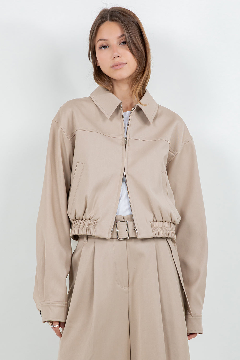 STRUCTURED WOVEN BOMBER ZIP UP JACKET - TAN