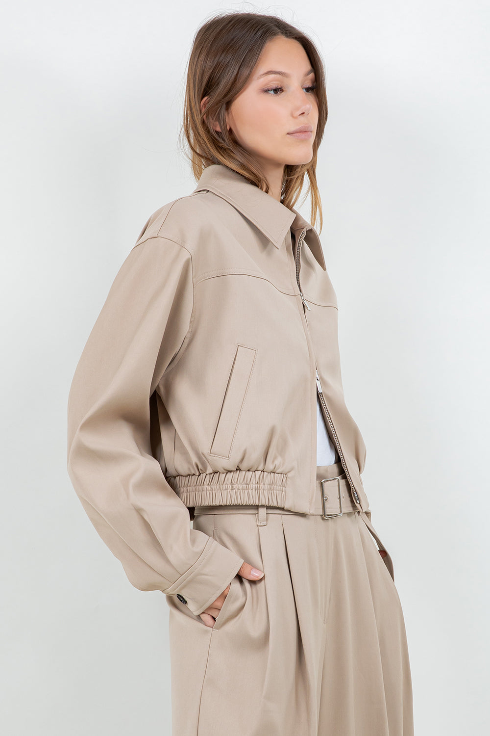 STRUCTURED WOVEN BOMBER ZIP UP JACKET - TAN