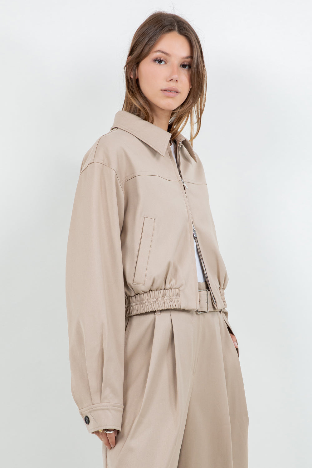 STRUCTURED WOVEN BOMBER ZIP UP JACKET - TAN