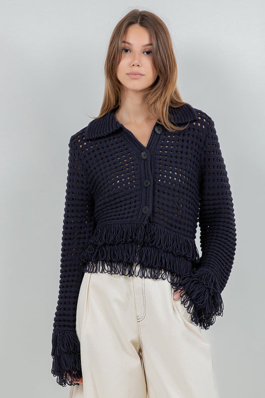 FRINGE DETAILED SOFT KNIT BUTTON DOWN CARDIGAN - NAVY