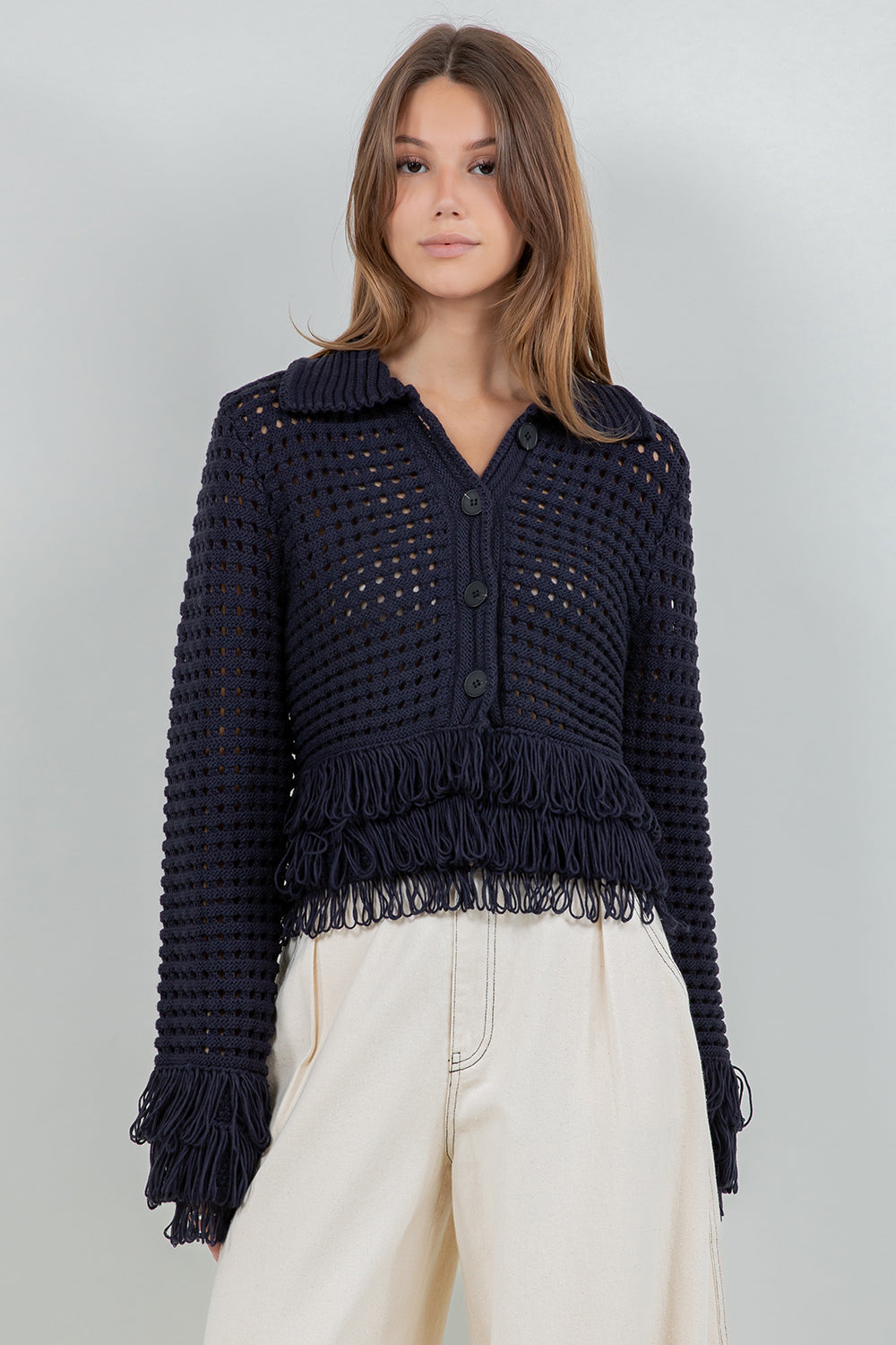 FRINGE DETAILED SOFT KNIT BUTTON DOWN CARDIGAN - NAVY