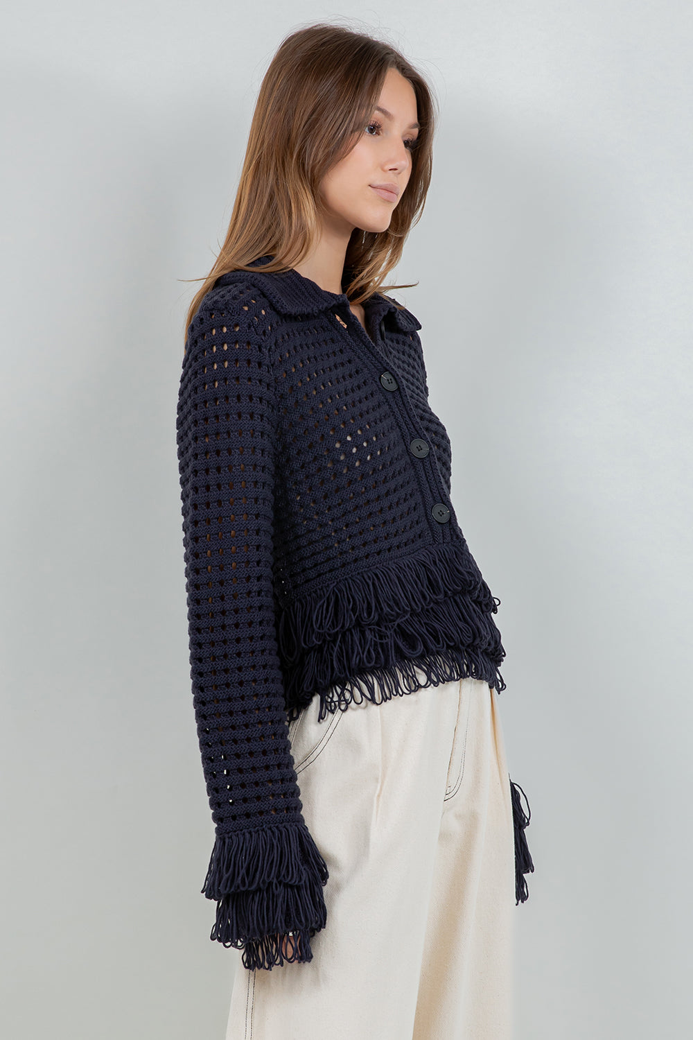 FRINGE DETAILED SOFT KNIT BUTTON DOWN CARDIGAN - NAVY