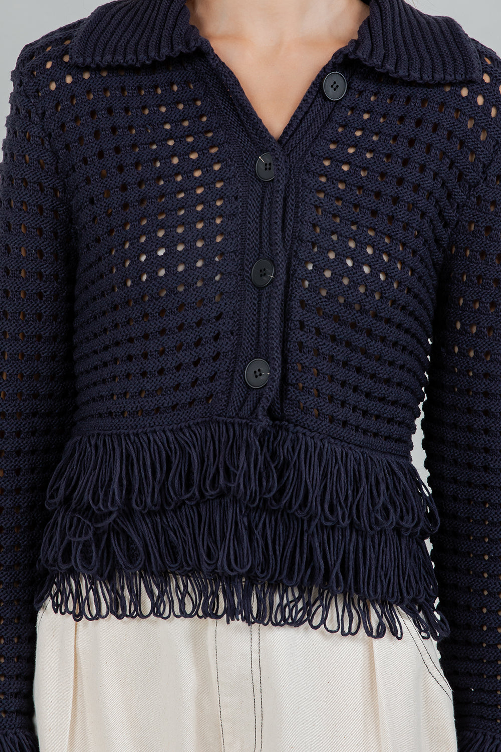FRINGE DETAILED SOFT KNIT BUTTON DOWN CARDIGAN - NAVY
