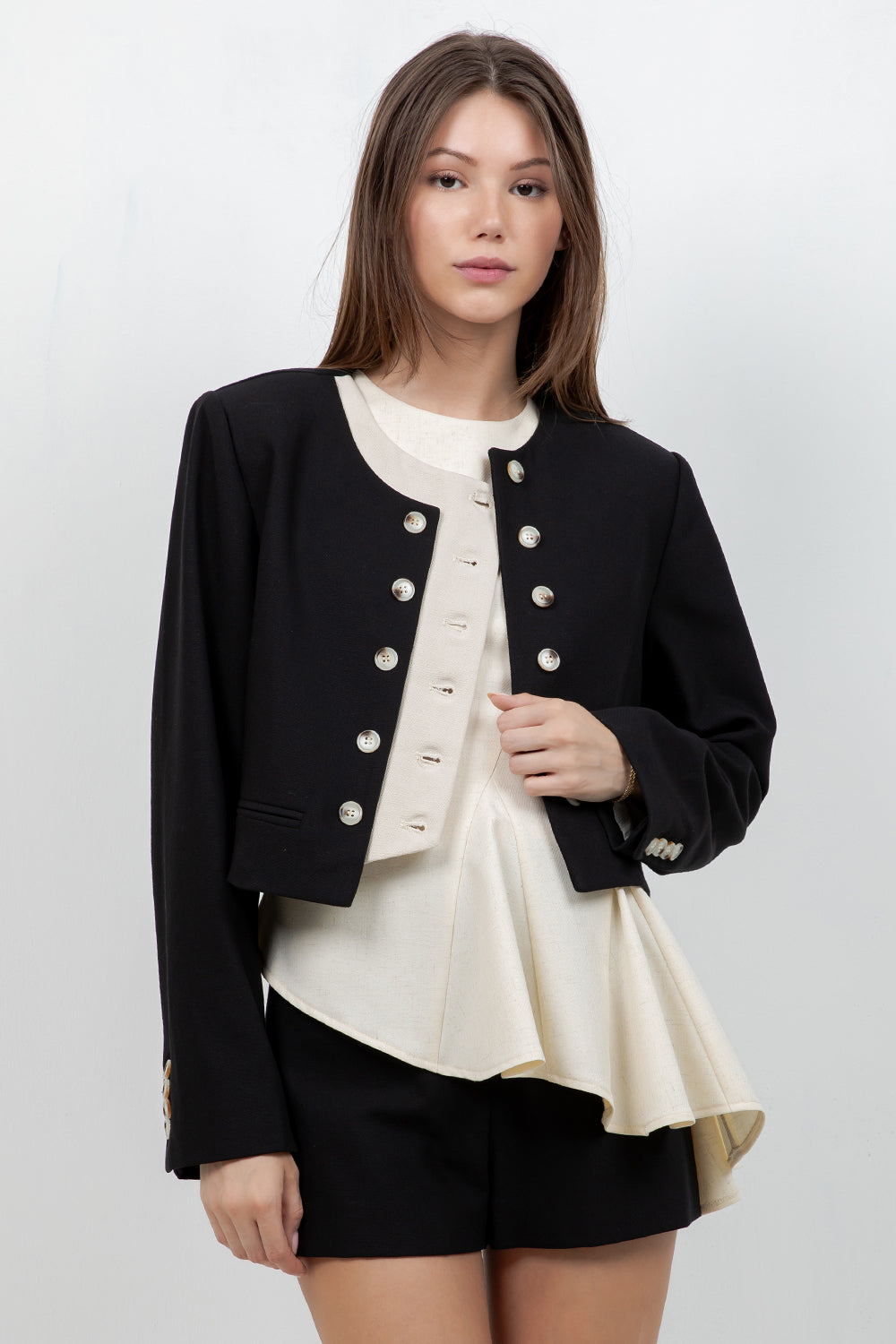 SOFT WOVEN DOUBLE PLACKET JACKET (BLACK/SAND) - Whiteroom+Cactus