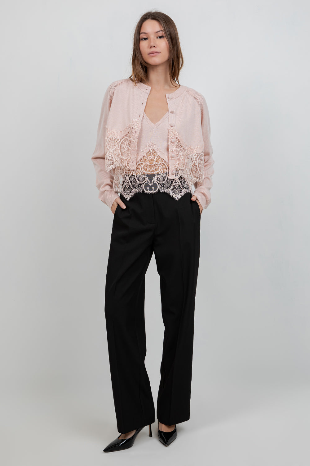 KNITTED SWEATER CARDIGAN WITH LACE EDGE DETAILING - Whiteroom+Cactus