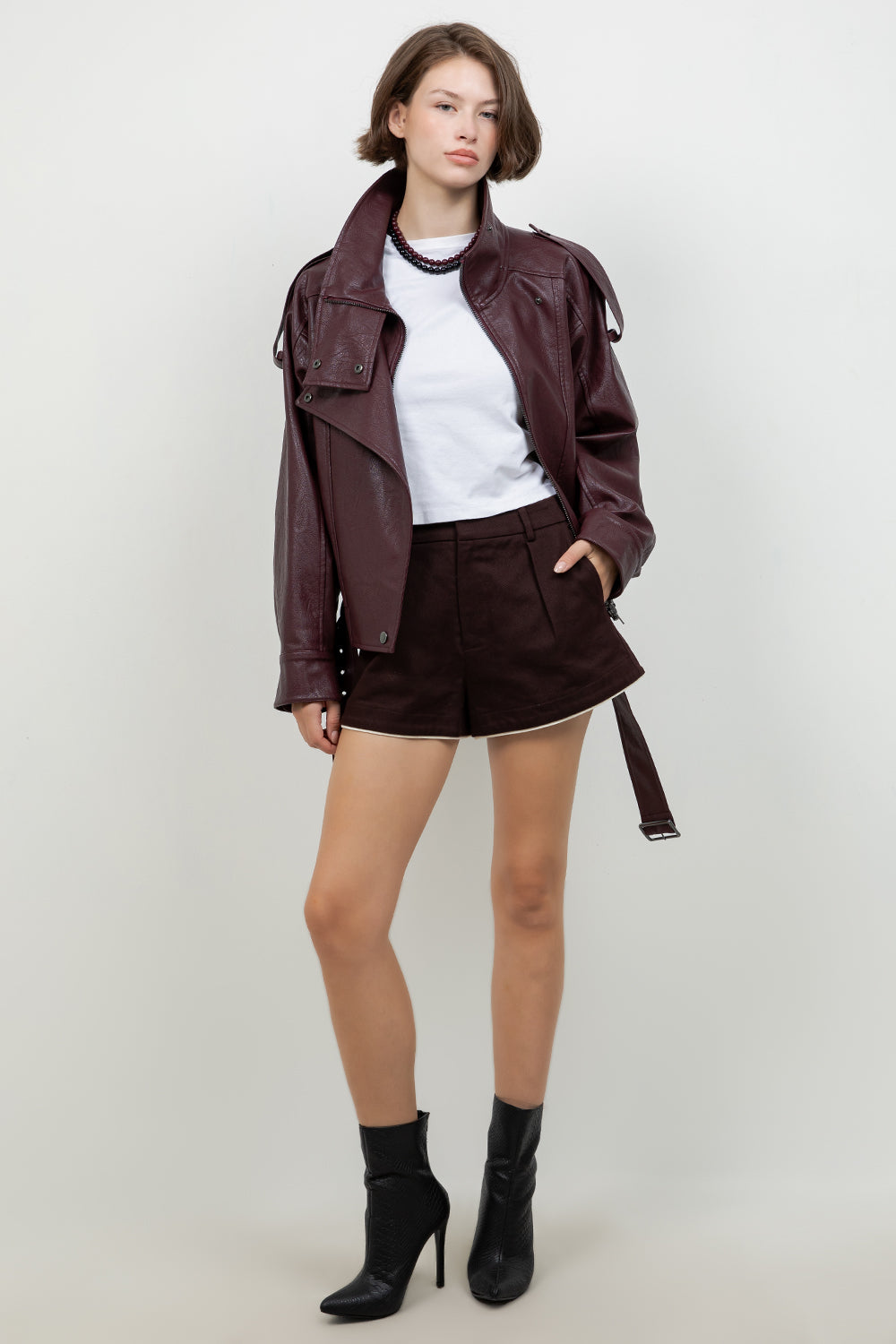 FAUX PU OVERSIZED LEATHER BOMBER JACKET