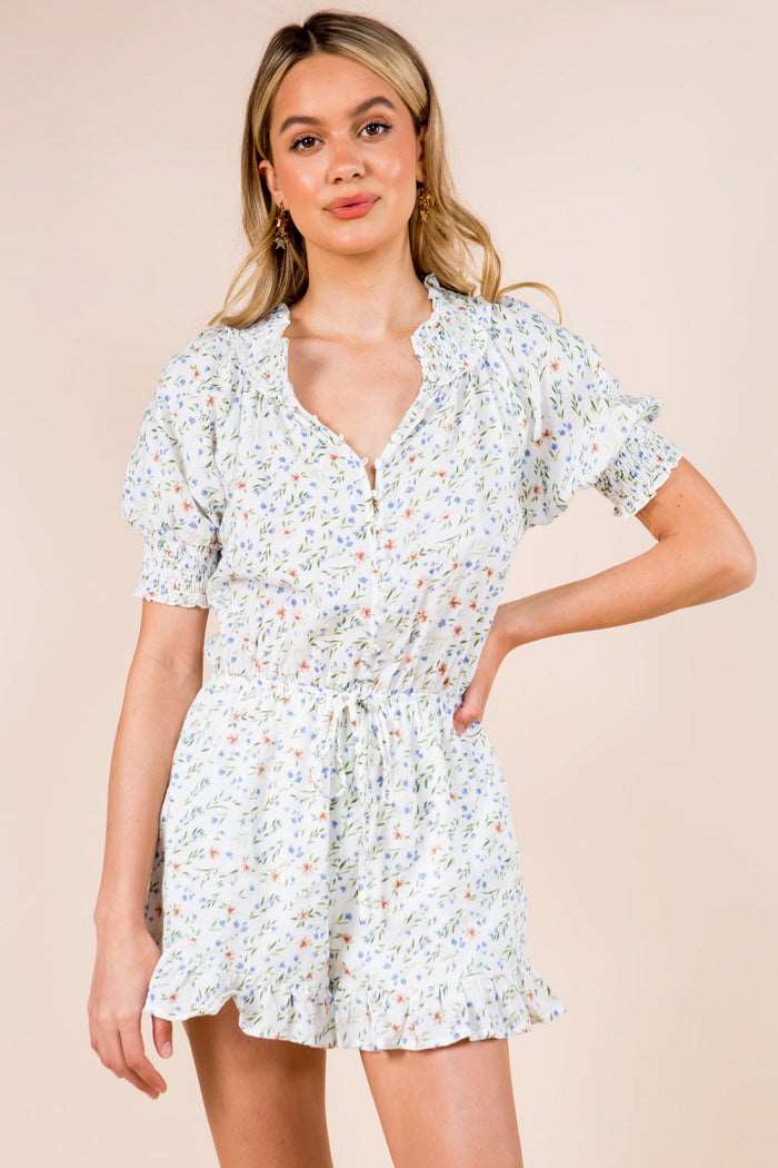 Floral Print Smock Neck Romper