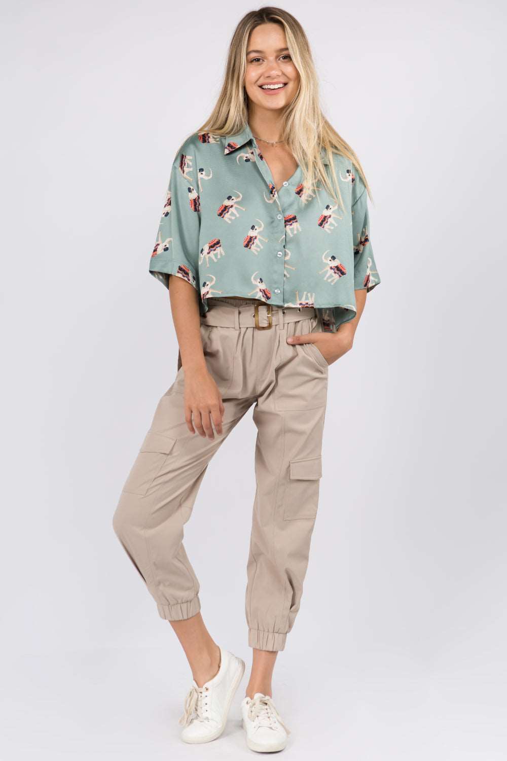 Elephant Printed Crop Satin Shirt - Whiteroom+Cactus