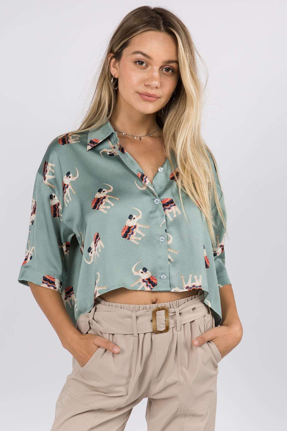 Elephant Printed Crop Satin Shirt - Whiteroom+Cactus
