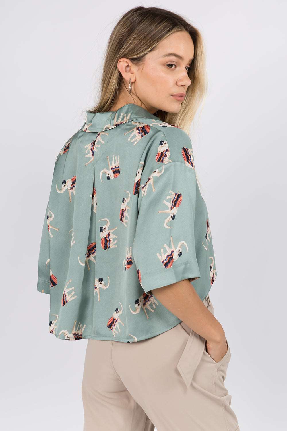 Elephant Printed Crop Satin Shirt - Whiteroom+Cactus