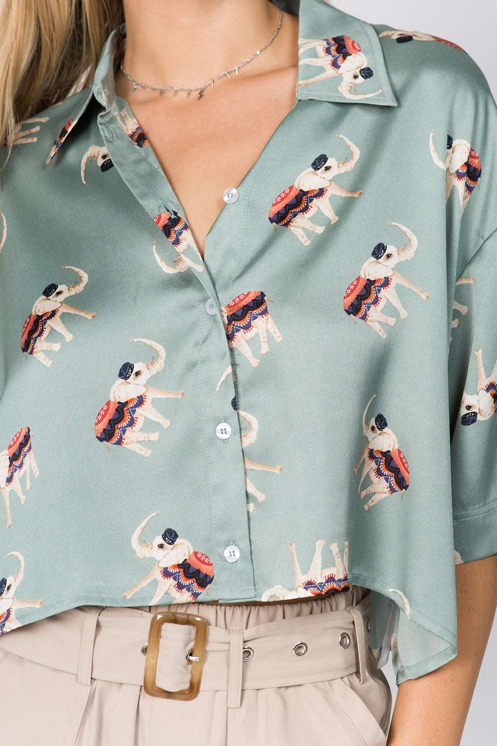 Elephant Printed Crop Satin Shirt - Whiteroom+Cactus