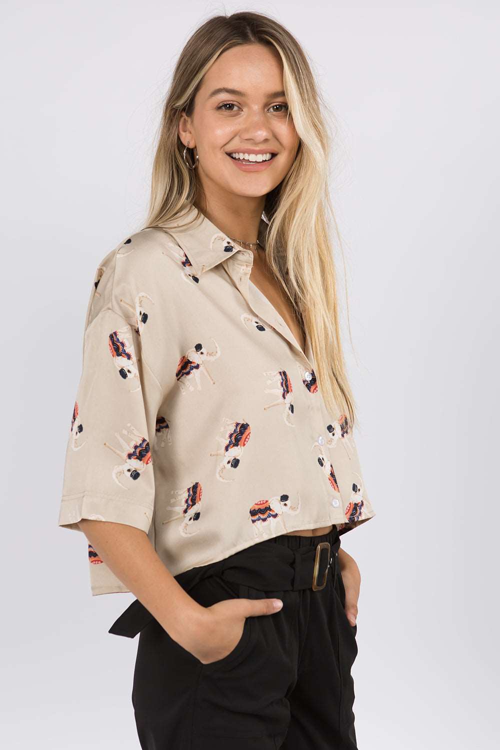 Elephant Printed Crop Satin Shirt - Whiteroom+Cactus