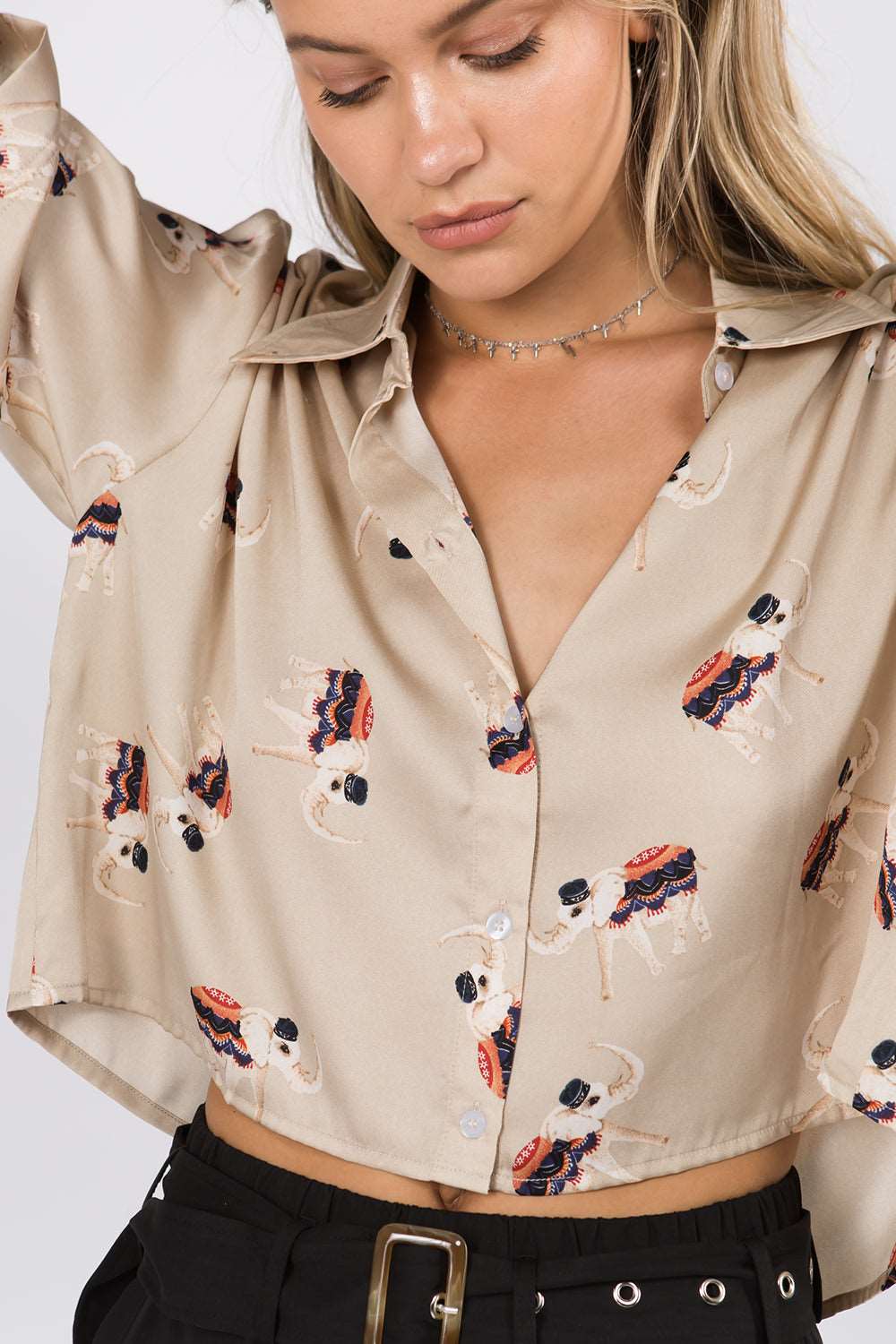 Elephant Printed Crop Satin Shirt - Whiteroom+Cactus