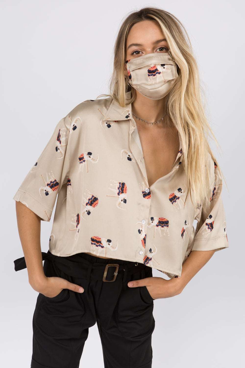 Elephant Printed Crop Satin Shirt - Whiteroom+Cactus