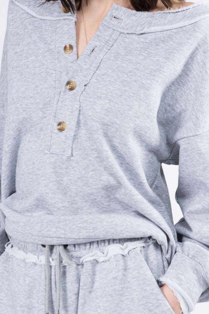 Button Down Raw Edge Hem Sweatshirt
