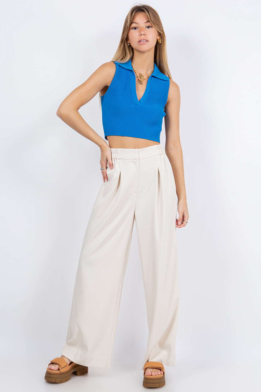 Ribber V Neck Tank Top Blue