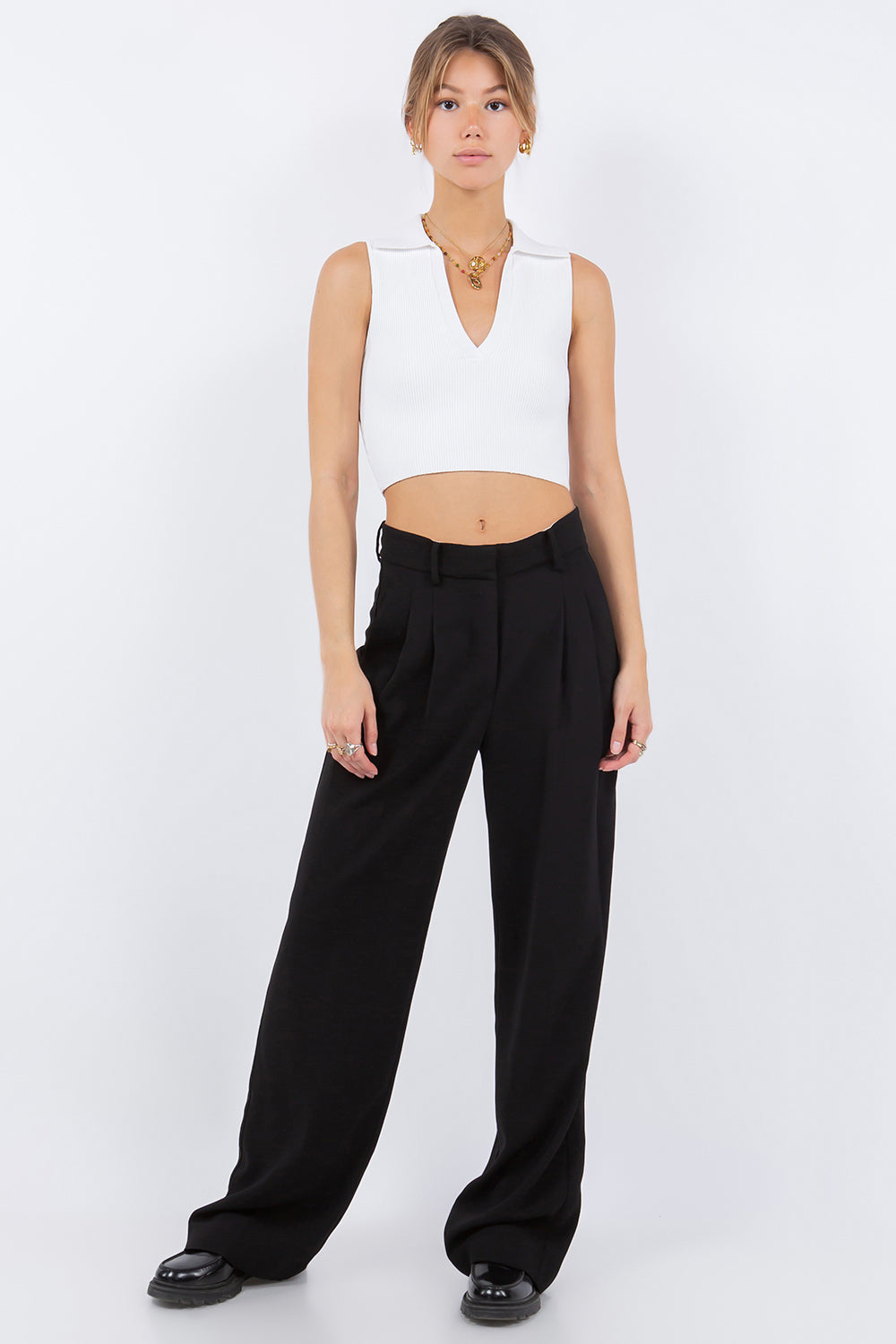 Ribber V Neck Tank Top White