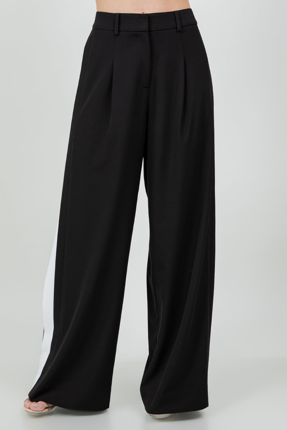 CONTRAST SIDE PANEL WIDE LEG SOFT WOVEN TROUSERS - BLACK