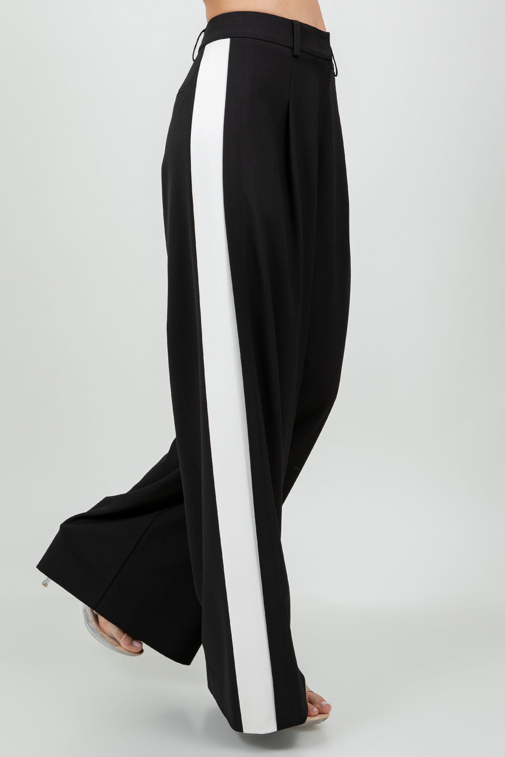 CONTRAST SIDE PANEL WIDE LEG SOFT WOVEN TROUSERS - BLACK
