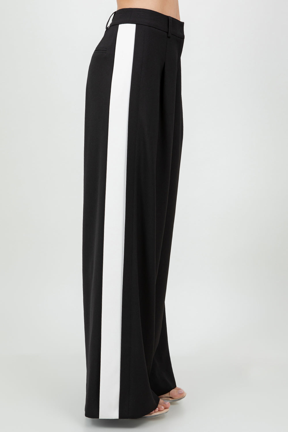CONTRAST SIDE PANEL WIDE LEG SOFT WOVEN TROUSERS - BLACK