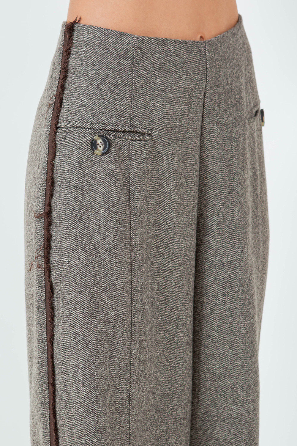 HERRINGBONE FRAY HEMMED WIDE LEG TROUSERS - MOCHA/BROWN