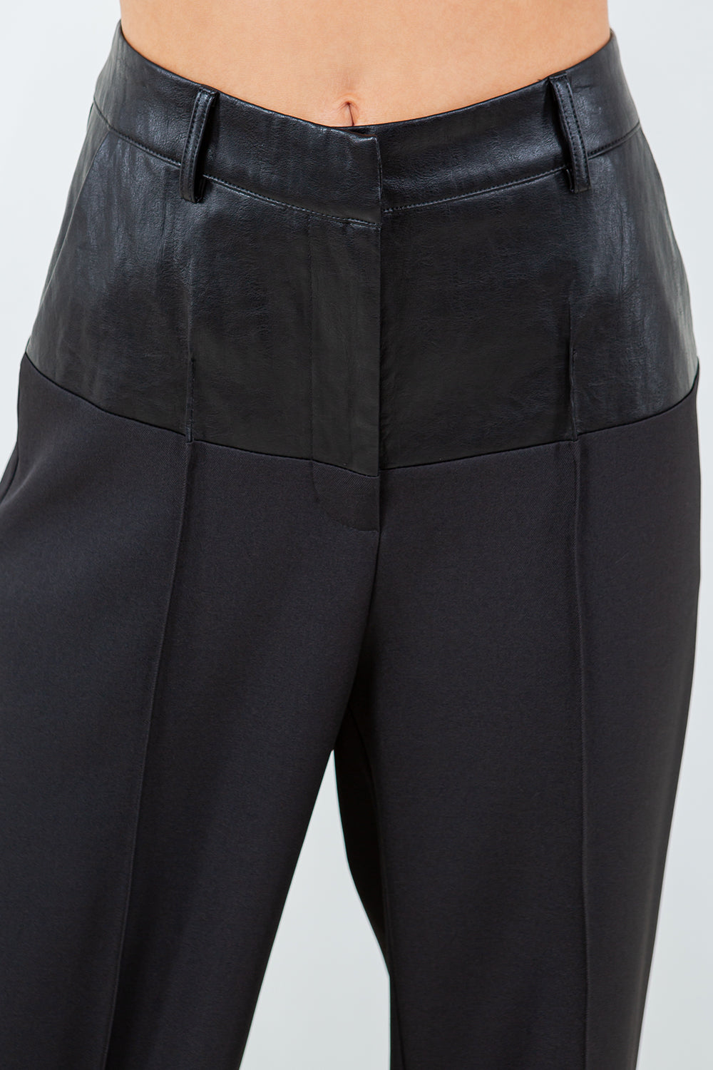 CONTRAST PU WAIST STRAIGHT LEG TROUSERS - BLACK COMBO