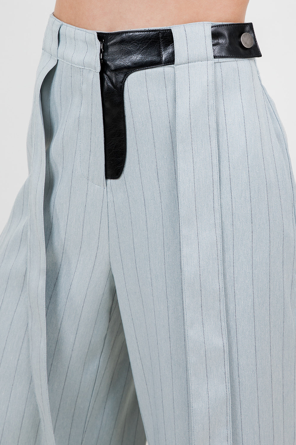PINSTRIPE PU COMBO TROUSERS WITH STRAP DETAILS - LT BLUE/BLACK