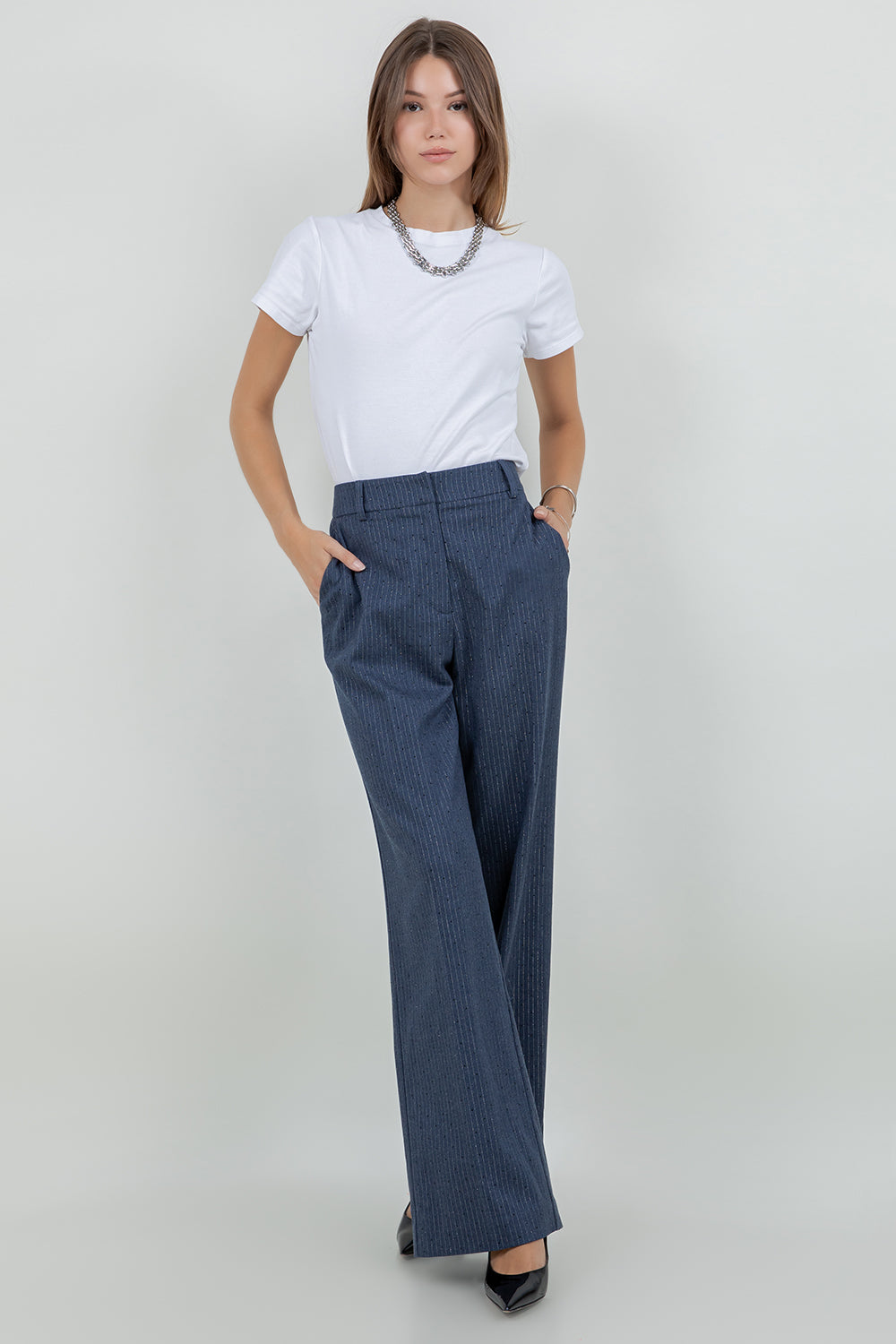 RHINESTONE EMBOSSED PINSTRIPE TROUSER PANTS - Whiteroom+Cactus