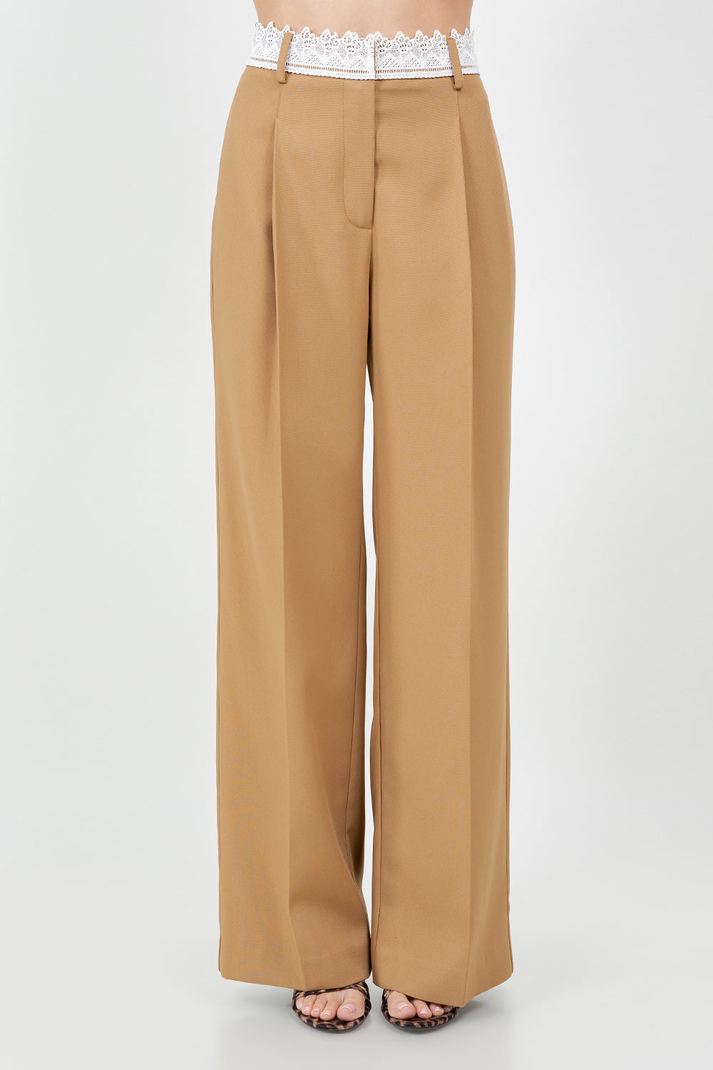 CONTRAST LACE WAISTBAND WOVEN TROUSERS - TAN/WHITE