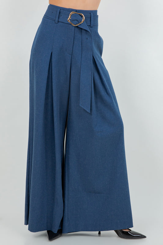 SOFT WOVEN PLEATED TROUSERS WITH ACCENT METALLIC BELT BUCKLE - DENIM BLUE