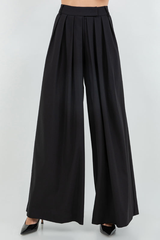 MULTI PLEAT SOFT WOVEN TROUSERS WITH ELASTIC BACK WAIST - BLACK