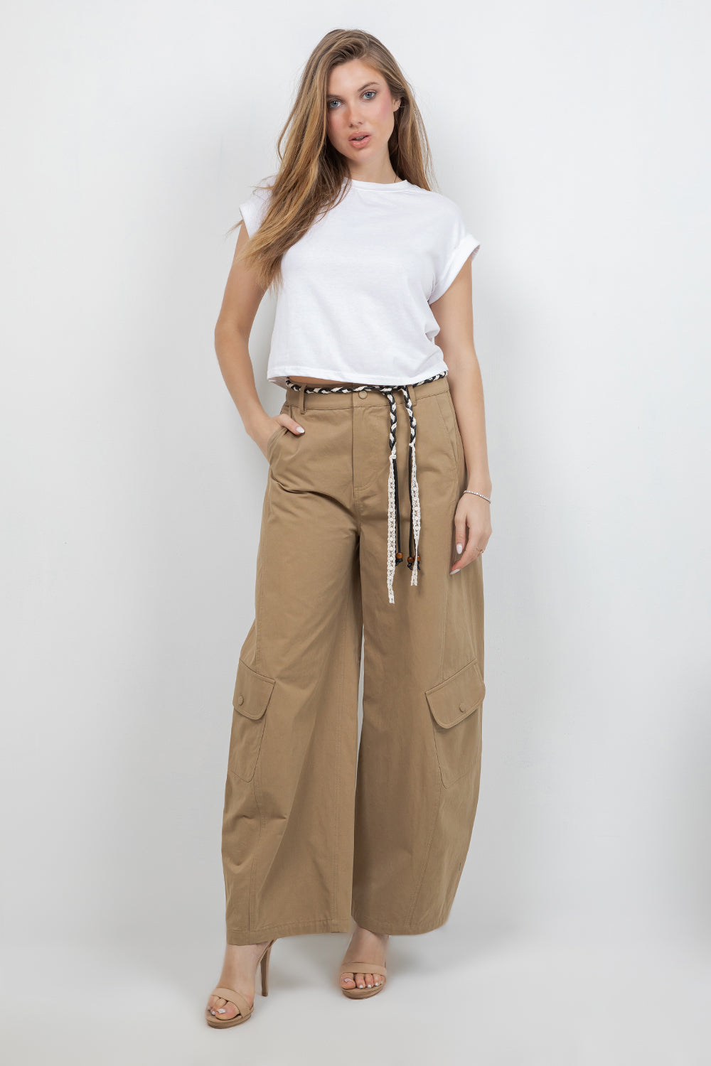 SLIGHT BARREL SHAPE COTTON TROUSERS WITH LACE TRIM BELT - Whiteroom+Cactus