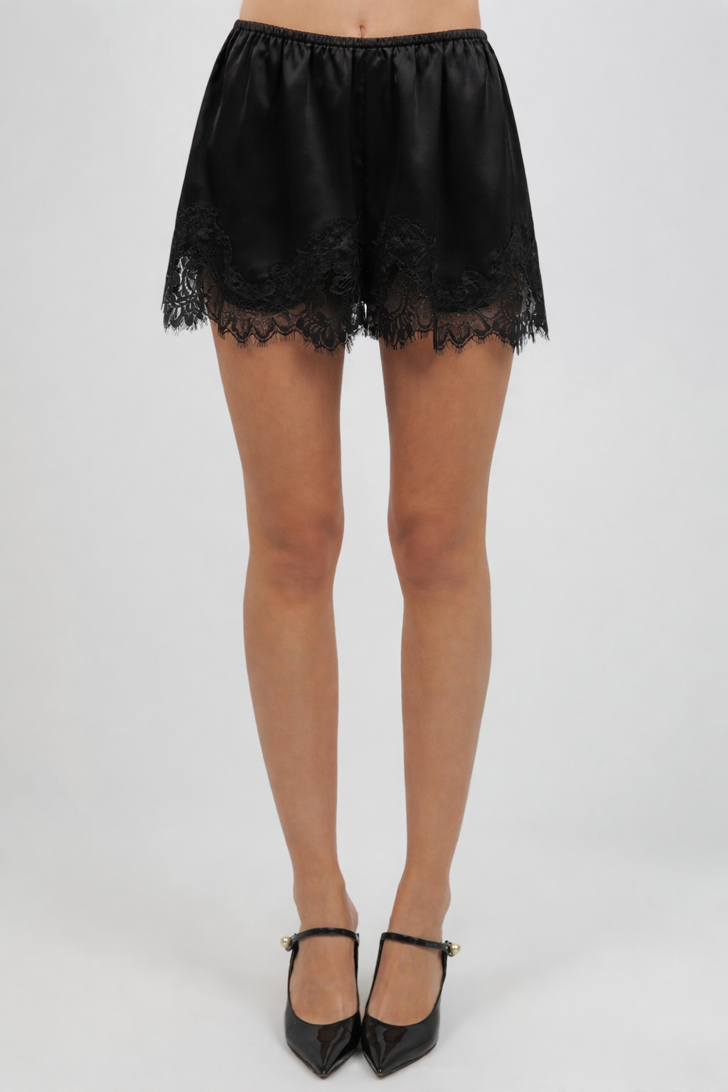 ELASTIC WAIST SATIN SHORTS WITH LACE POINTELLE-BLACK - Whiteroom+Cactus