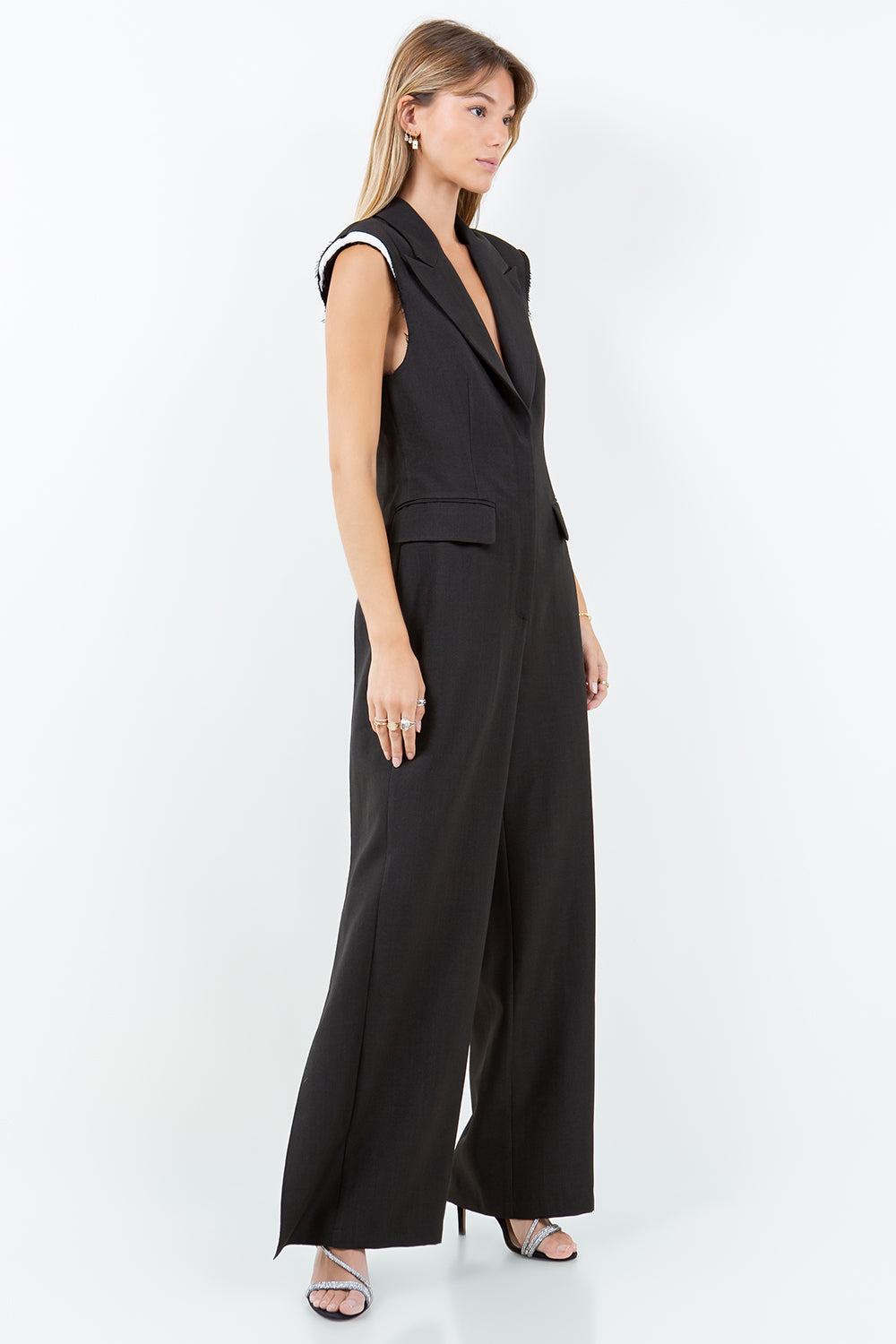 EXPOSED SHOULDER PADS SLEEK FIT COLLARED JUMPSUIT - BLACK