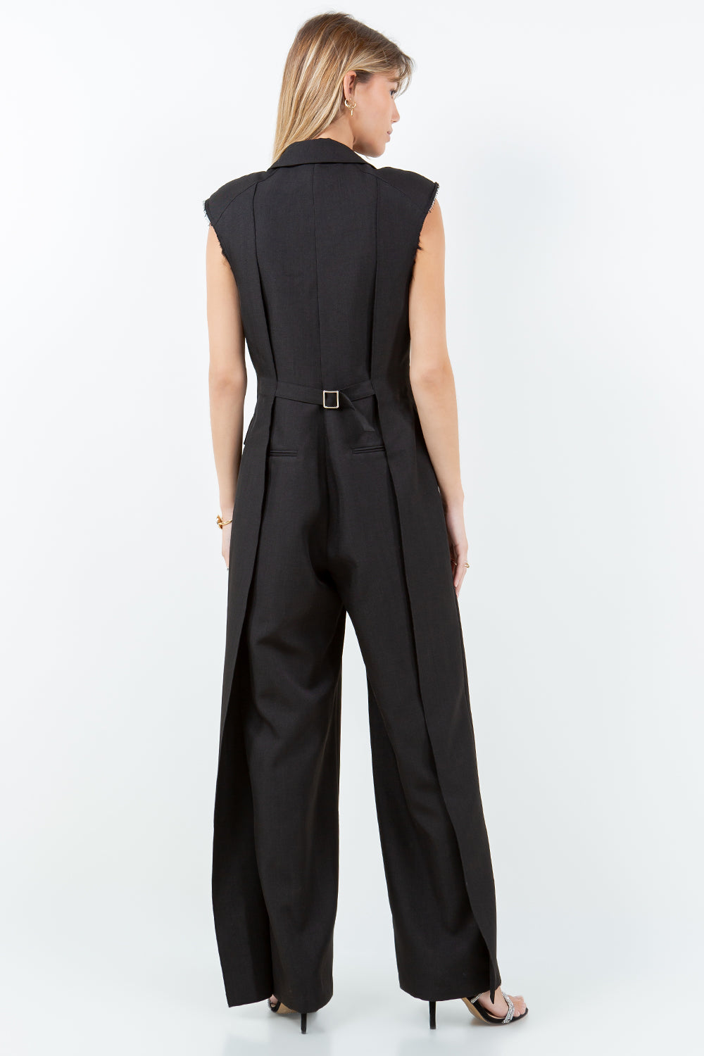 EXPOSED SHOULDER PADS SLEEK FIT COLLARED JUMPSUIT - BLACK