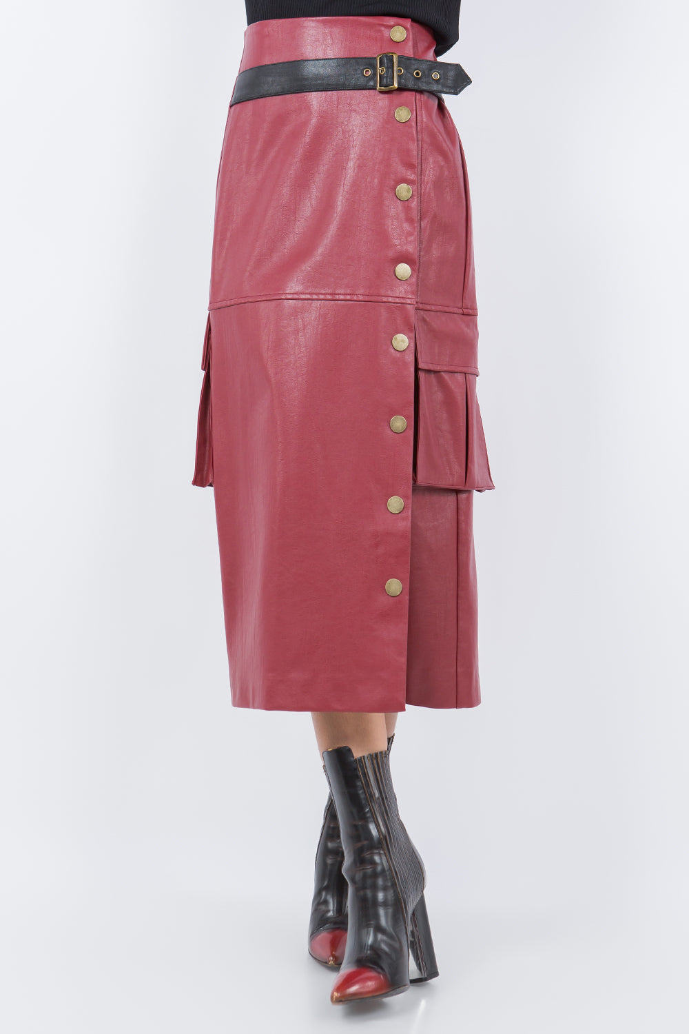 SIDE BUTTON CLOSURE SKIRT WINE