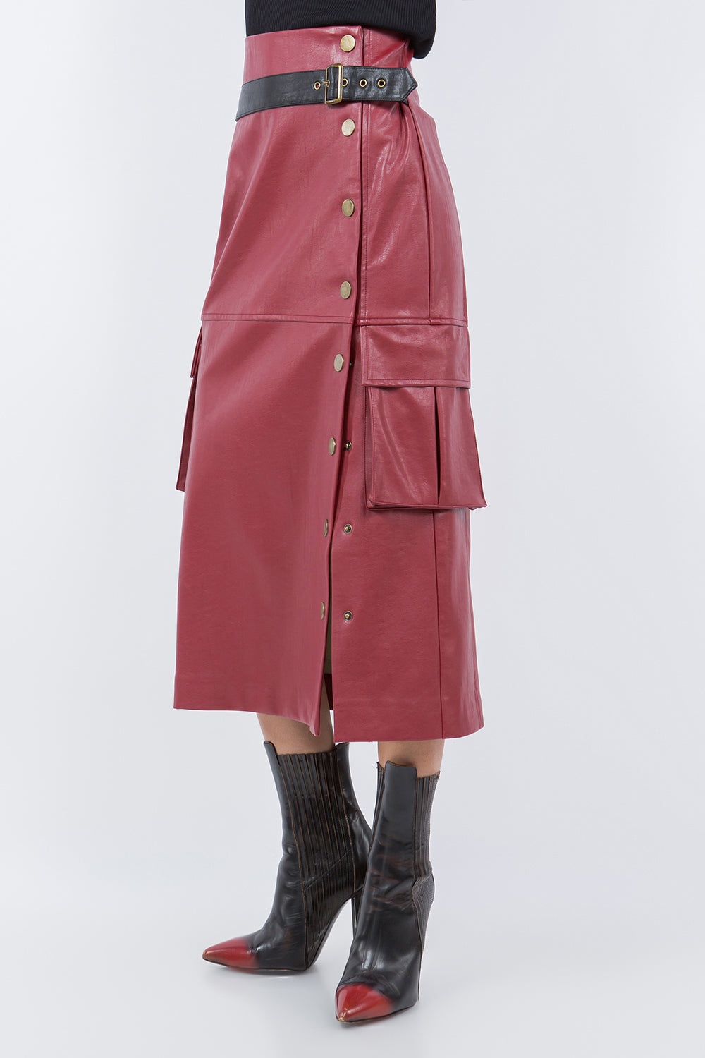 SIDE BUTTON CLOSURE SKIRT WINE