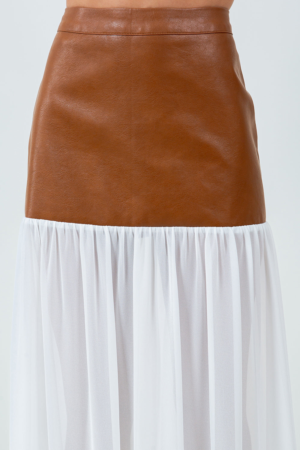 PU LEATHER + CHIFFON COMBO MAXI SKIRT - CAMEL