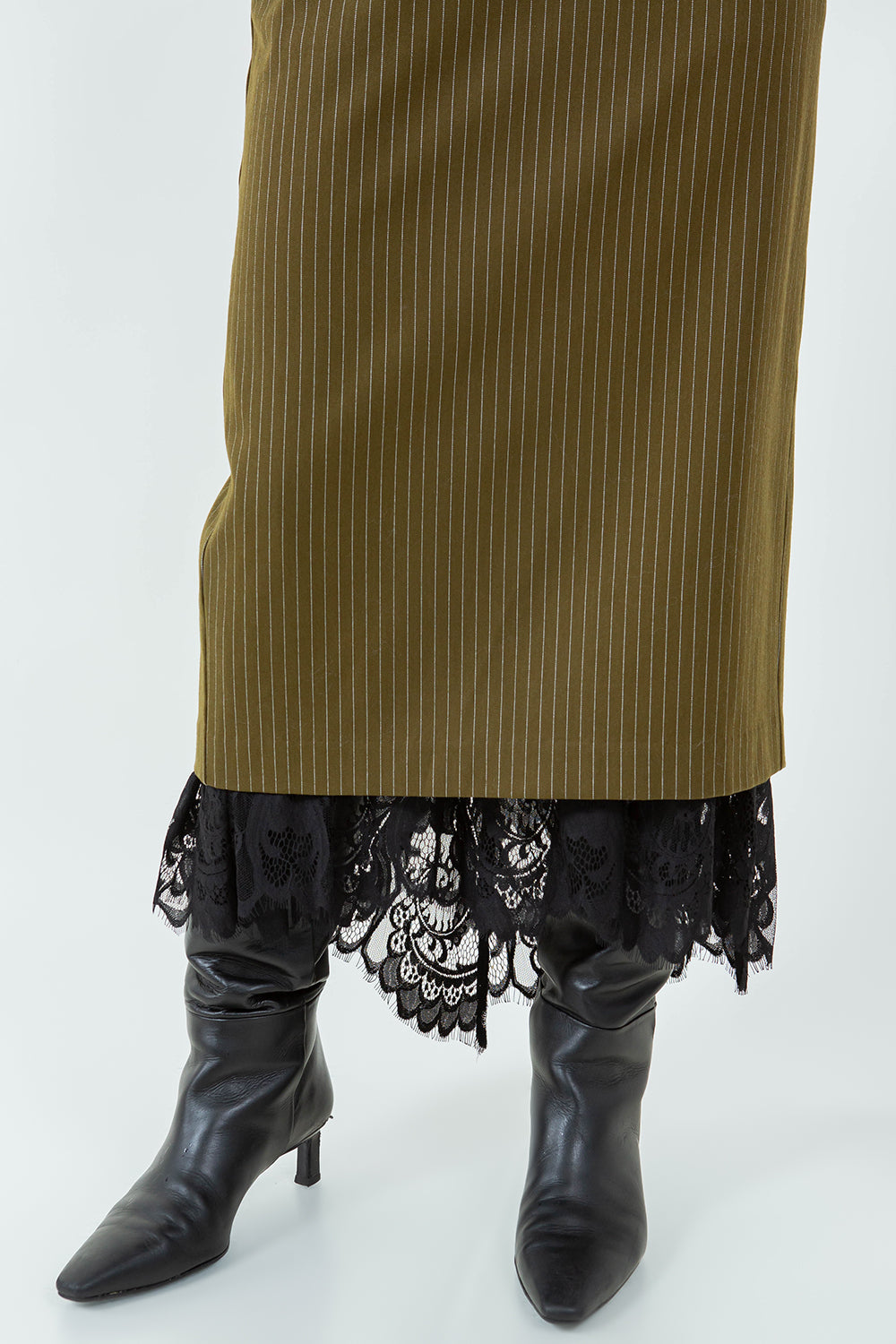 LACE HEMMED PINSTRIPE PENCIL SKIRT - OLIVE - Whiteroom+Cactus