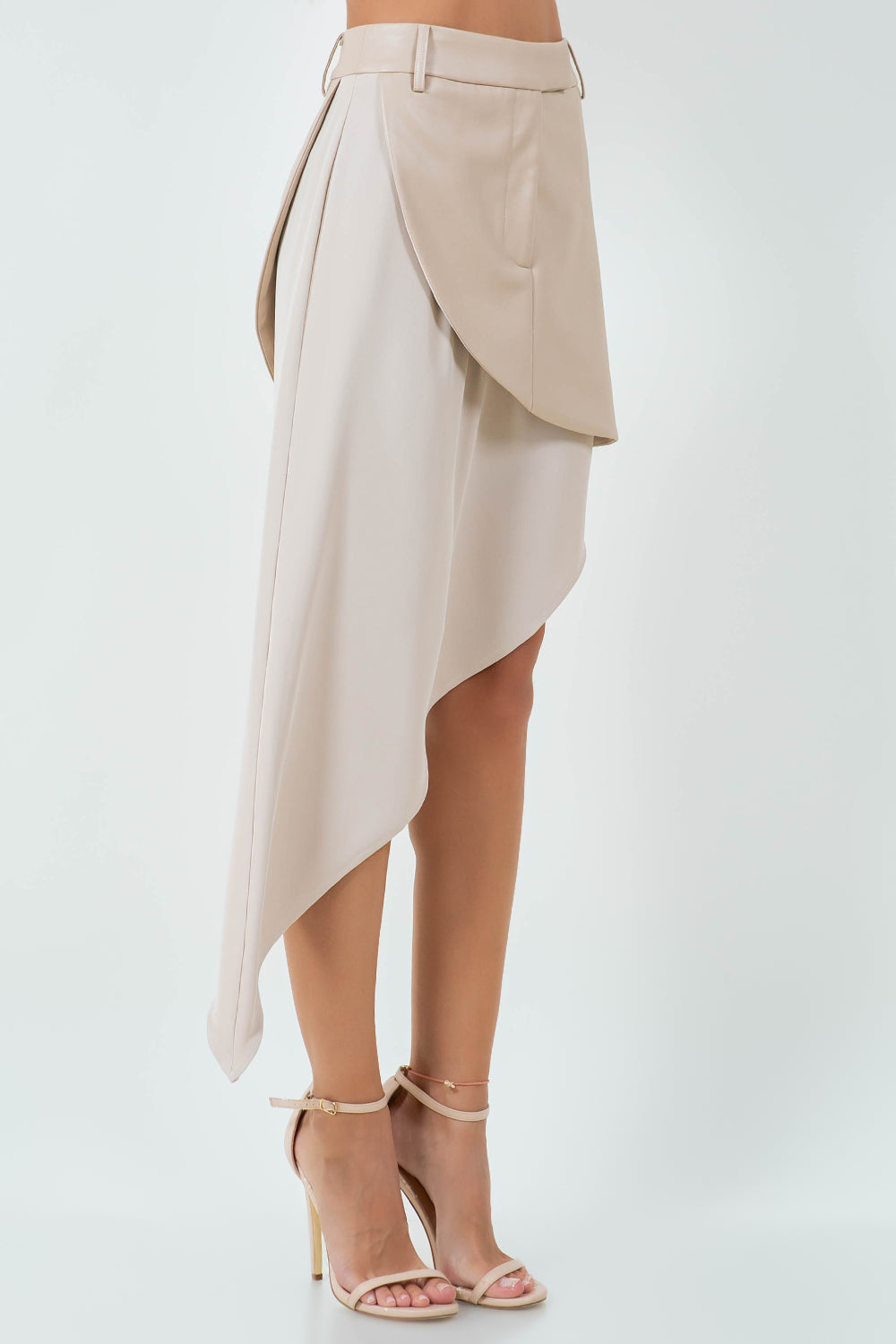 WOVEN + PU LEATHER COMBO ASYMMETRICAL MIDI SKIRT - BEIGE