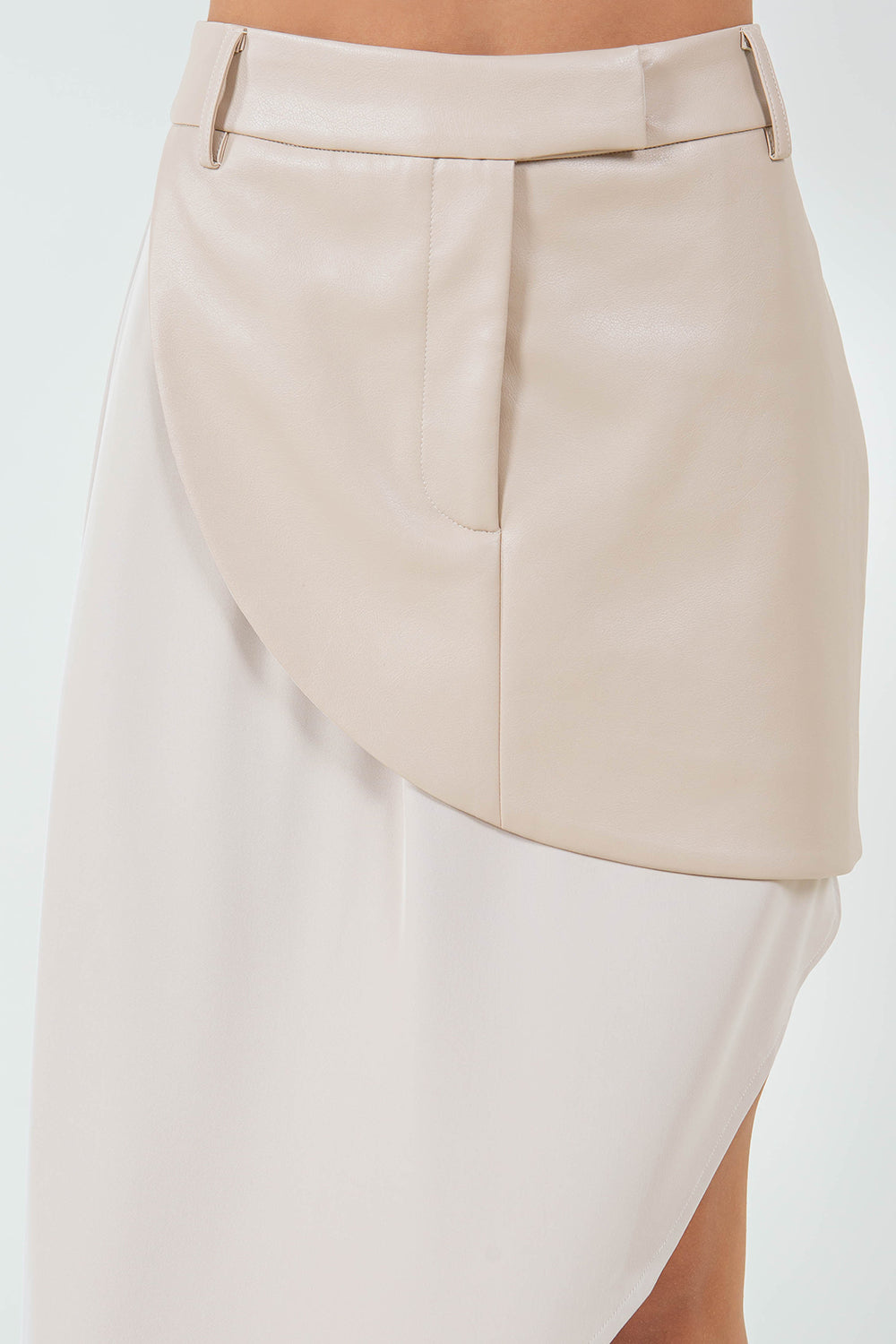 WOVEN + PU LEATHER COMBO ASYMMETRICAL MIDI SKIRT - BEIGE