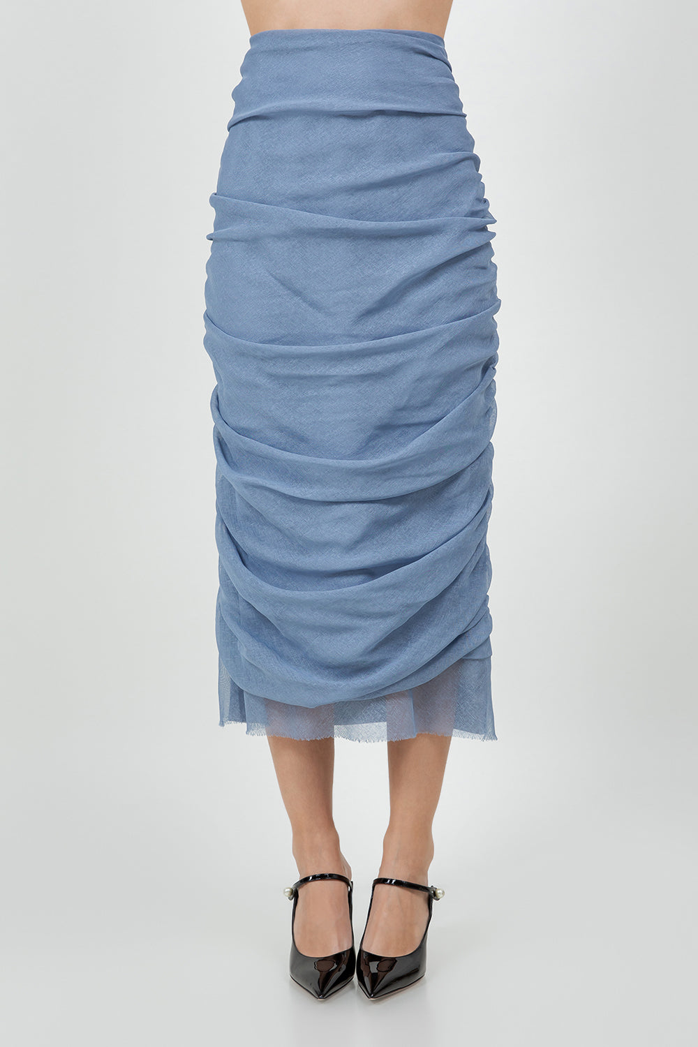 ORGANZA MIX RUCHED MIDI LENGTH SKIRT - DENIM BLUE