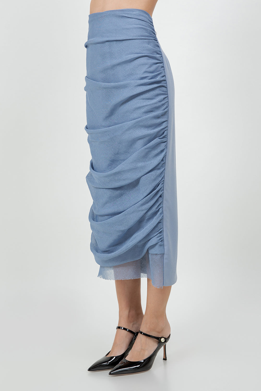 ORGANZA MIX RUCHED MIDI LENGTH SKIRT - DENIM BLUE